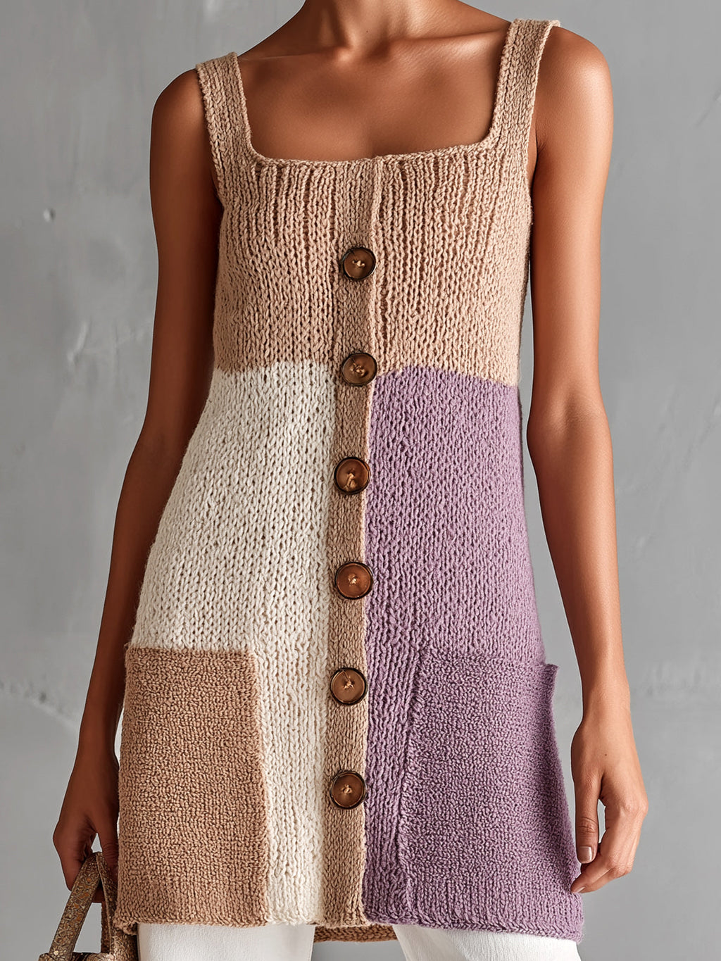 Chic Elegant Camel-Purple Colorblock Square-Neck Sleeveless Patch Pockets A-Line Loose-Fit Knit Vest Top