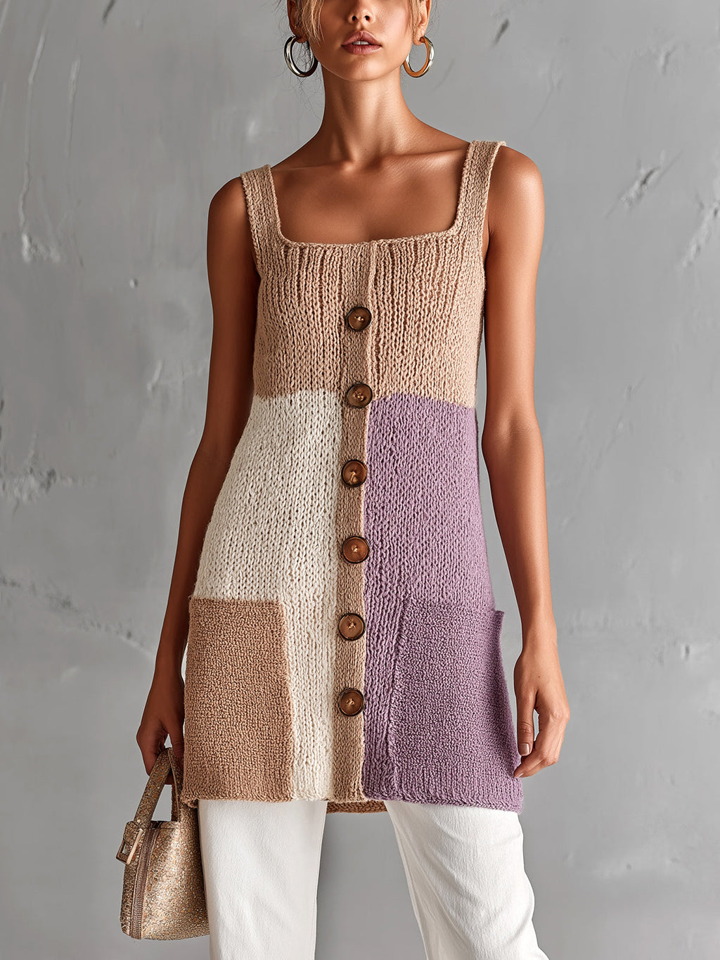 Chic Elegant Camel-Purple Colorblock Square-Neck Sleeveless Patch Pockets A-Line Loose-Fit Knit Vest Top