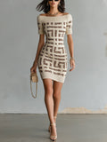 Chic Elegant Beige-Brown Geometrical Jacquard Off-The-Shoulder Short-Sleeve Slim-Fit Knit Mini Dress