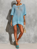 Chic Elegant Blue Square-Neck Short-Sleeve Rib Detail Loose-Fit Mesh Knit Mini Dress