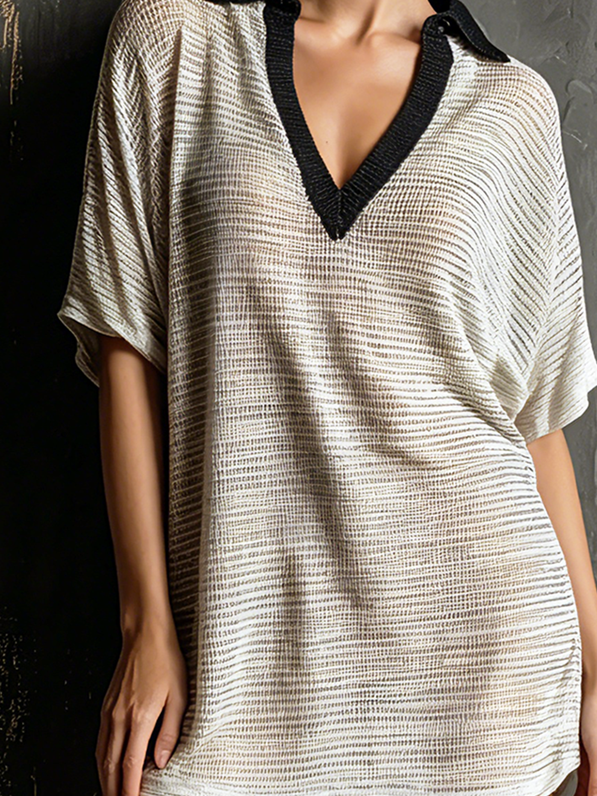 Chic Elegant Off-White Contrast Lapel Collar V-Neck Short Sleeve Loose-Fit Open Striped Mesh Knit Mini Dress