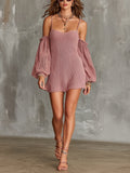 Chic Elegant Pink Spaghetti Straps Long-Lantern-Sleeve Slim-Fit A-Line Mesh-Knit Mini Dress