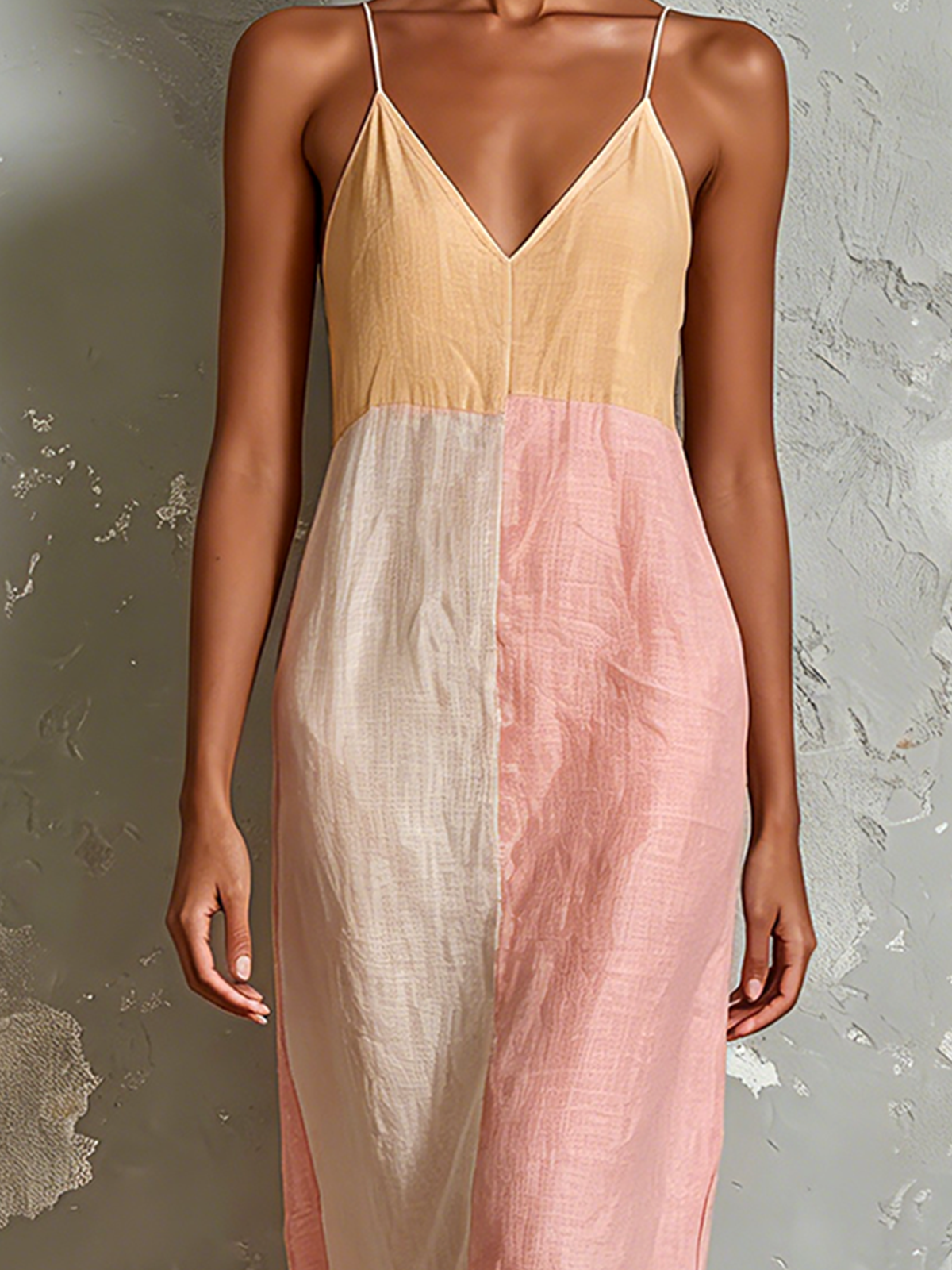Chic Elegant Off-White-Pink Colorblock Spaghetti Strap V-Neck Sleeveless Loose-Fit Cotton-Linen Blend Midi Dress