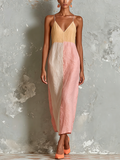 Chic Elegant Off-White-Pink Colorblock Spaghetti Strap V-Neck Sleeveless Loose-Fit Cotton-Linen Blend Midi Dress