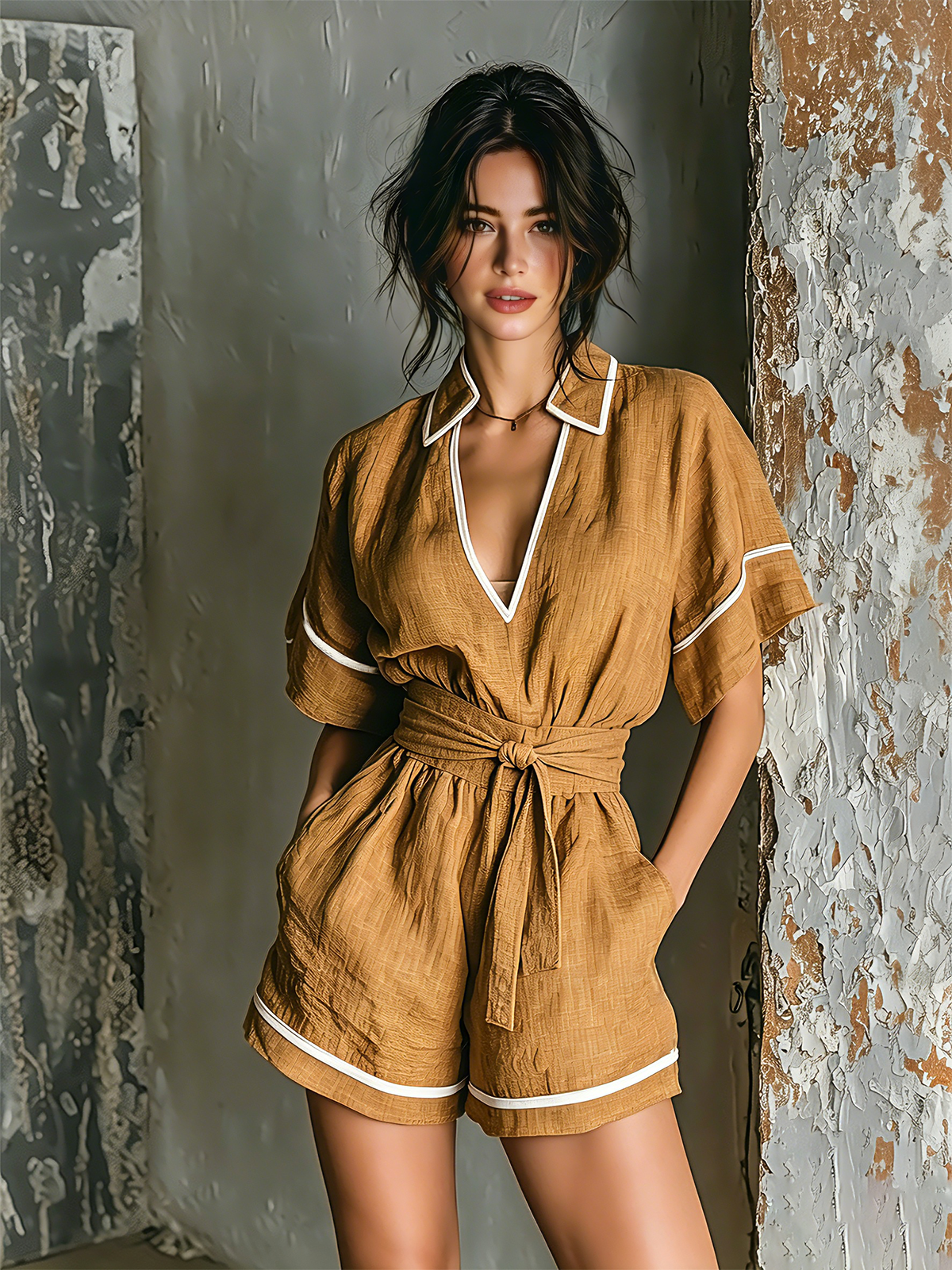 Chic Elegant Camel Lapel V-Neck Contrast Trim Short-Sleeve Loose-Fit Self-Tie Waist Cotton-Linen Blend Ropmer