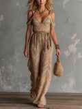 Chic Elegant Camel Geometrical Print Spaghetti Straps V-Neck Sleeveless Tie-Waist Wide-Leg Jumpsuit