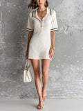 Chic Elegant Cream White Button-Up Lapel Short-Sleeve Contrast Trim Detail A-Line Knit Mini Dress