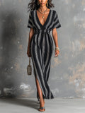 Chic Elegant Black-White Colorblock Stripes Deep V-Neck Short-Sleeve Elastic-Waist Side-Slit Knit Maxi Dress