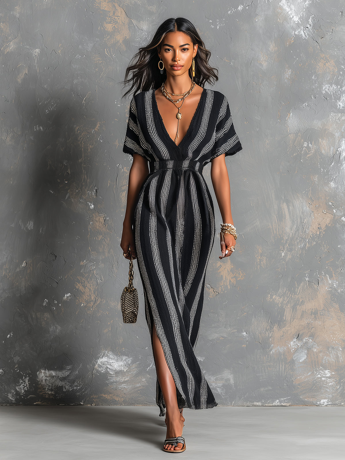 Chic Elegant Black-White Colorblock Stripes Deep V-Neck Short-Sleeve Elastic-Waist Side-Slit Knit Maxi Dress