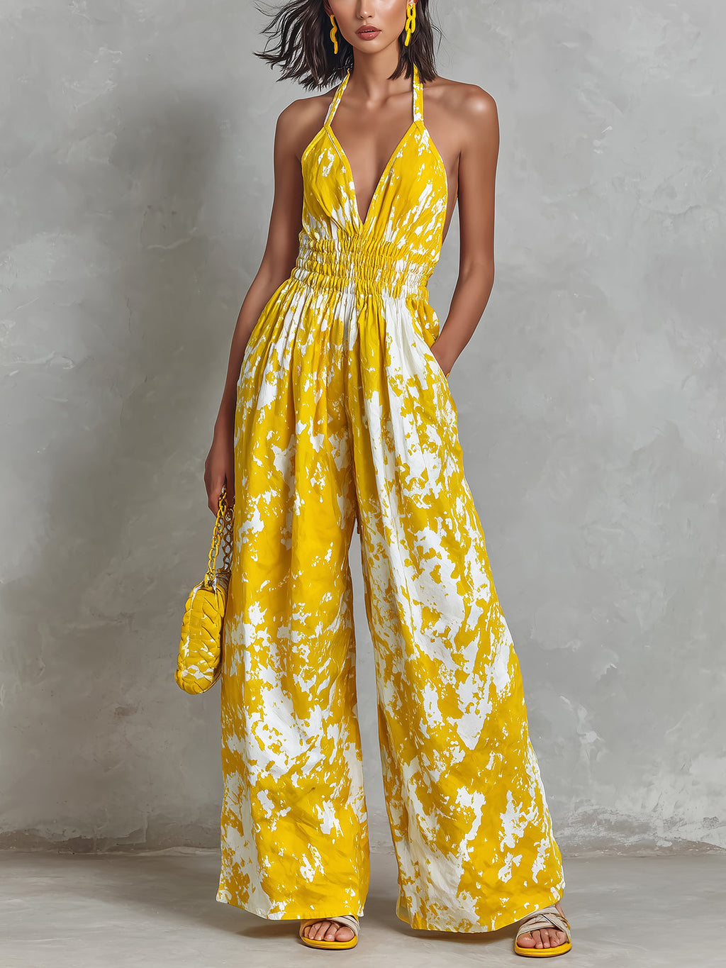 Chic Elegant Yellow-White Colorblock Printed Halter V-Neck Sleeveless Elastic-Waist Wide-Leg Jumpsuit