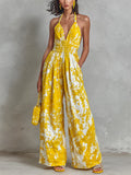 Chic Elegant Yellow-White Colorblock Printed Halter V-Neck Sleeveless Elastic-Waist Wide-Leg Jumpsuit