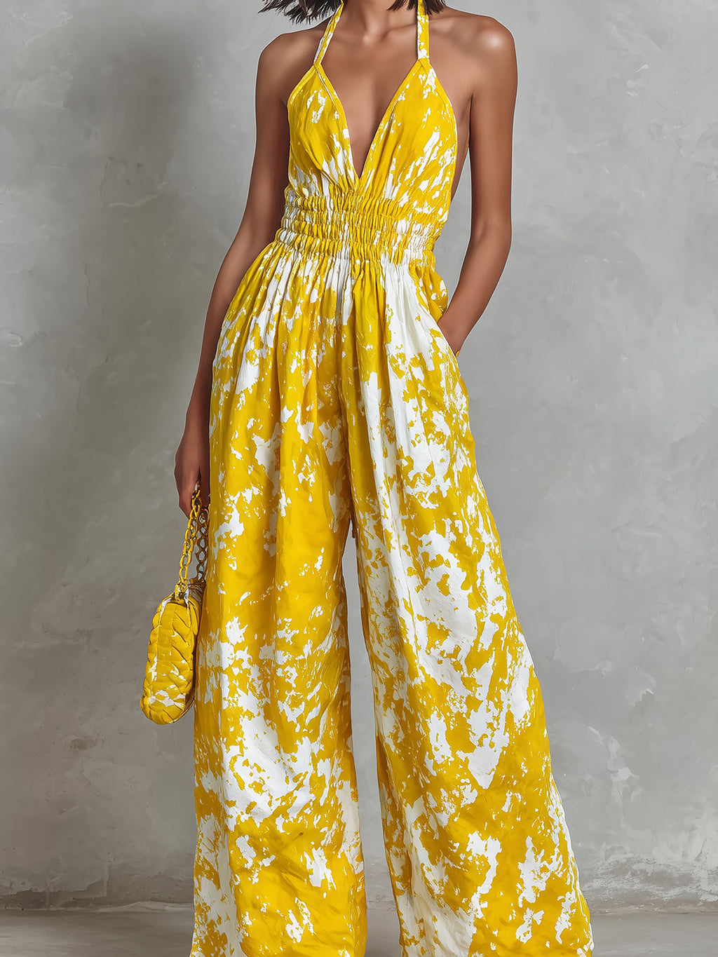 Chic Elegant Yellow-White Colorblock Printed Halter V-Neck Sleeveless Elastic-Waist Wide-Leg Jumpsuit