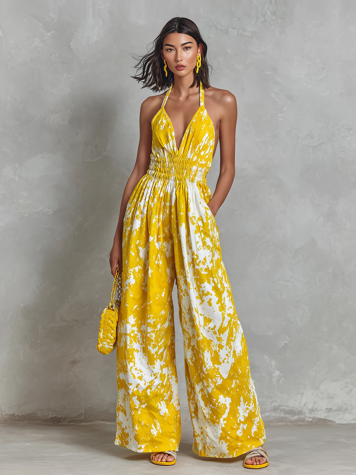 Chic Elegant Yellow-White Colorblock Printed Halter V-Neck Sleeveless Elastic-Waist Wide-Leg Jumpsuit