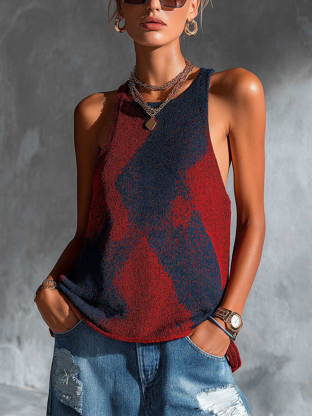 Chic Elegant Red-Navy Colorblock Round-Neck Sleeveless Loose-Fit Breathable Knit Vest Top