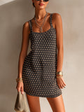 Chic Elegant Dark Gray Flowers Jacquard Spaghetti Straps Square-Neck Sleeveless A-Line Loose-Fit Knit Mini Dress
