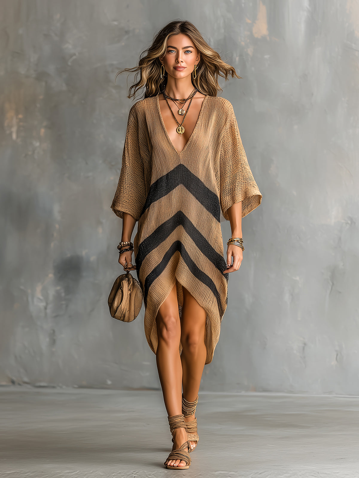 Chic Elegant Camel-Black Stripes Deep V-Neck Half-Sleeve Asymmetrical Hem Oversize A-Line Knit Midi Dress