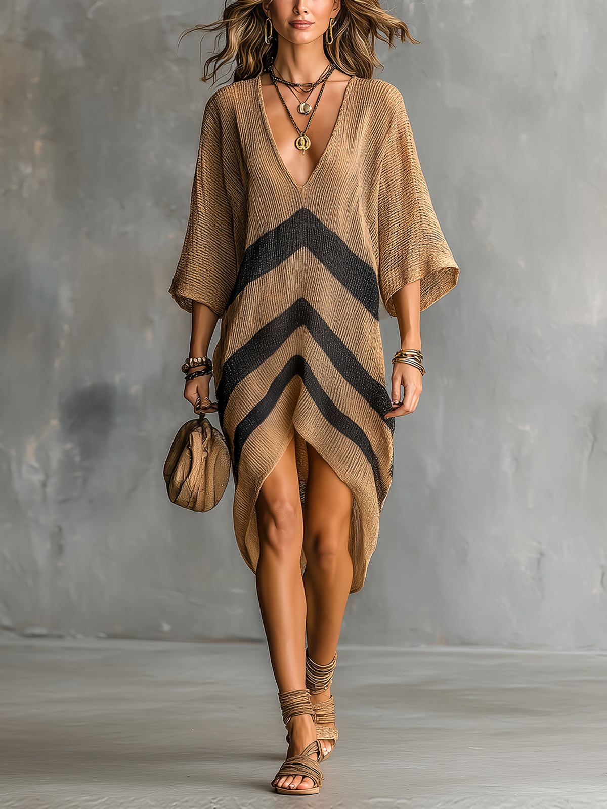 Chic Elegant Camel-Black Stripes Deep V-Neck Half-Sleeve Asymmetrical Hem Oversize A-Line Knit Midi Dress