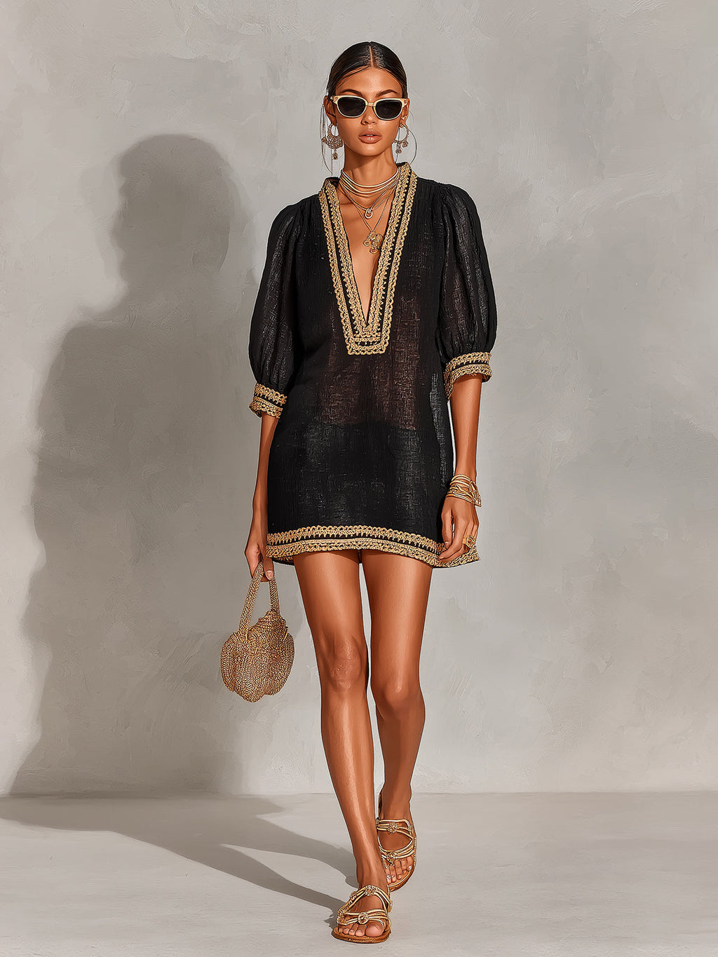Chic Elegant Black Linen Blend V-Neck Half-Lantern-Sleeve Gold Trim Detail A-Line Loose-Fit Mini Dress