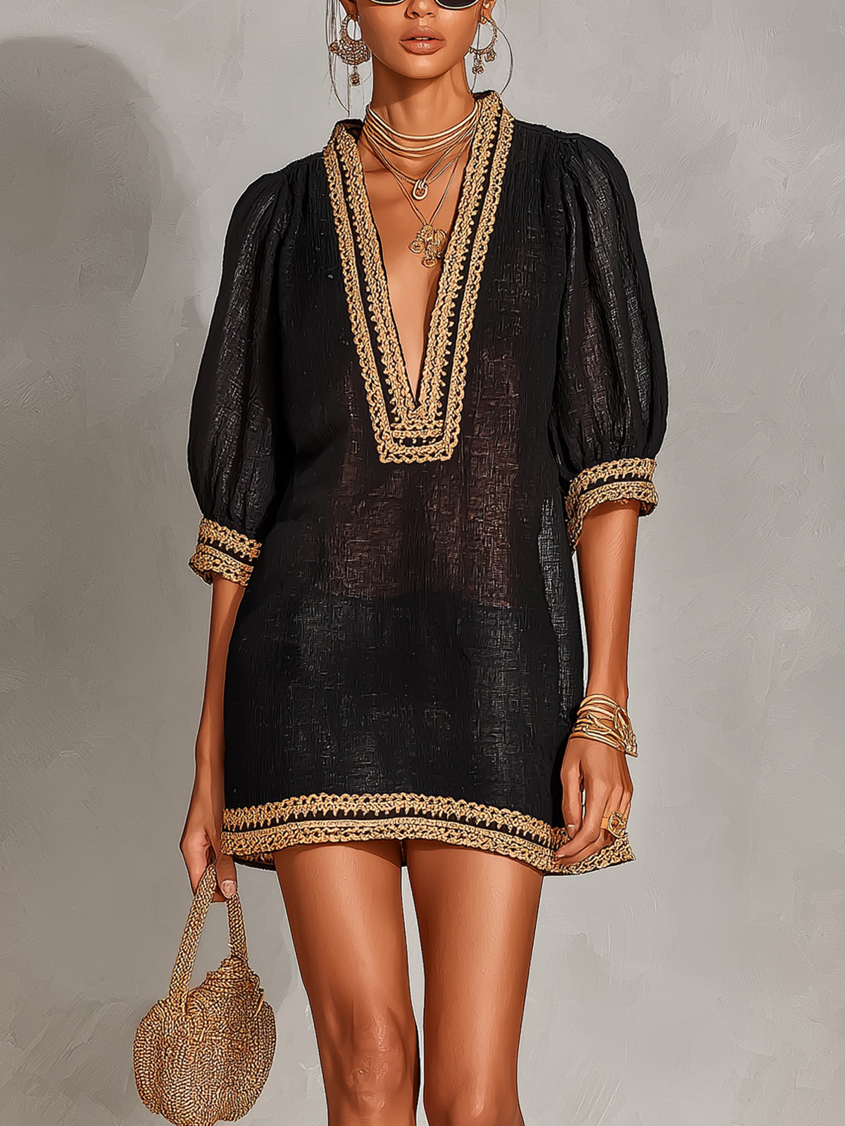Chic Elegant Black Linen Blend V-Neck Half-Lantern-Sleeve Gold Trim Detail A-Line Loose-Fit Mini Dress