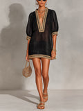 Chic Elegant Black Linen Blend V-Neck Half-Lantern-Sleeve Gold Trim Detail A-Line Loose-Fit Mini Dress