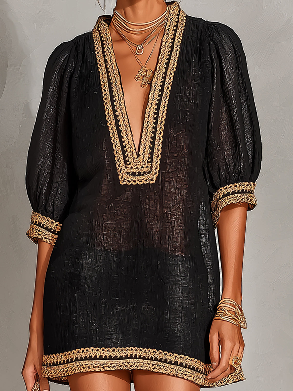 Chic Elegant Black Linen Blend V-Neck Half-Lantern-Sleeve Gold Trim Detail A-Line Loose-Fit Mini Dress