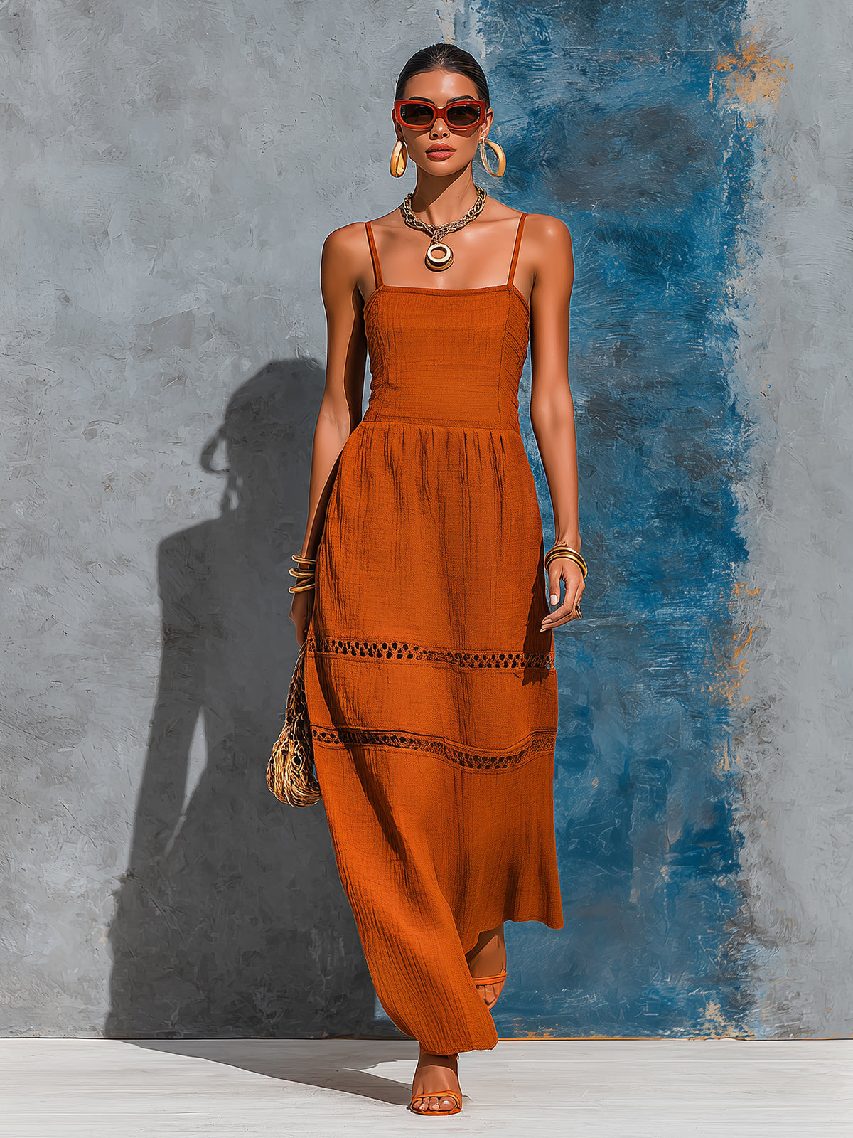 Chic Elegant Orange Cotton-Linen Blend Spaghetti Straps Square-Neck Sleeveless Tailored-Waist Lace Trim Detail A-Line Maxi Dress