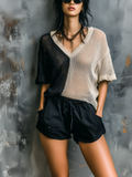 Chic Casual Black-Oatmeal  Colorblock V-Neck Short-Sleeve Loose-Fit Mesh Knit Sweater Top
