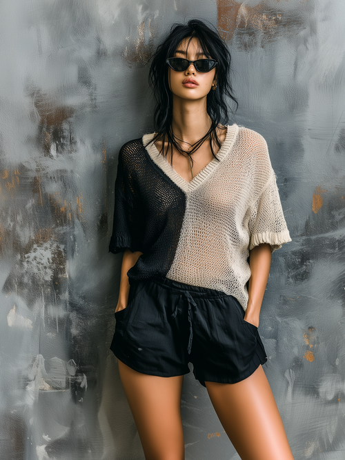 Chic Casual Black-Oatmeal  Colorblock V-Neck Short-Sleeve Loose-Fit Mesh Knit Sweater Top