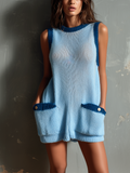Chic Casual Light Blue Round-Neck Contrast Trim Sleeveless Patch Pocket Loose-Fit Knit Mini Dress