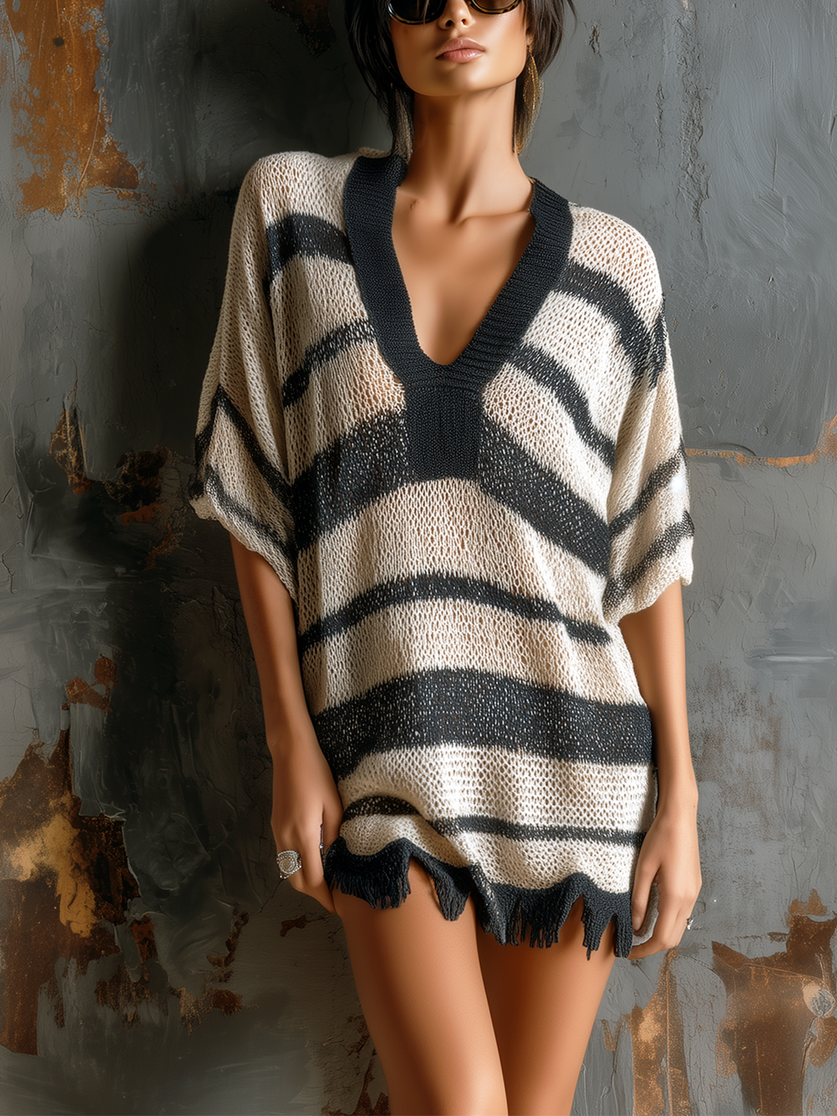 Chic Casual Black-White Stripe Colorblock V-Neck Short-Sleeve Raw Edge Loose-Fit Mesh Knit Mini Dress