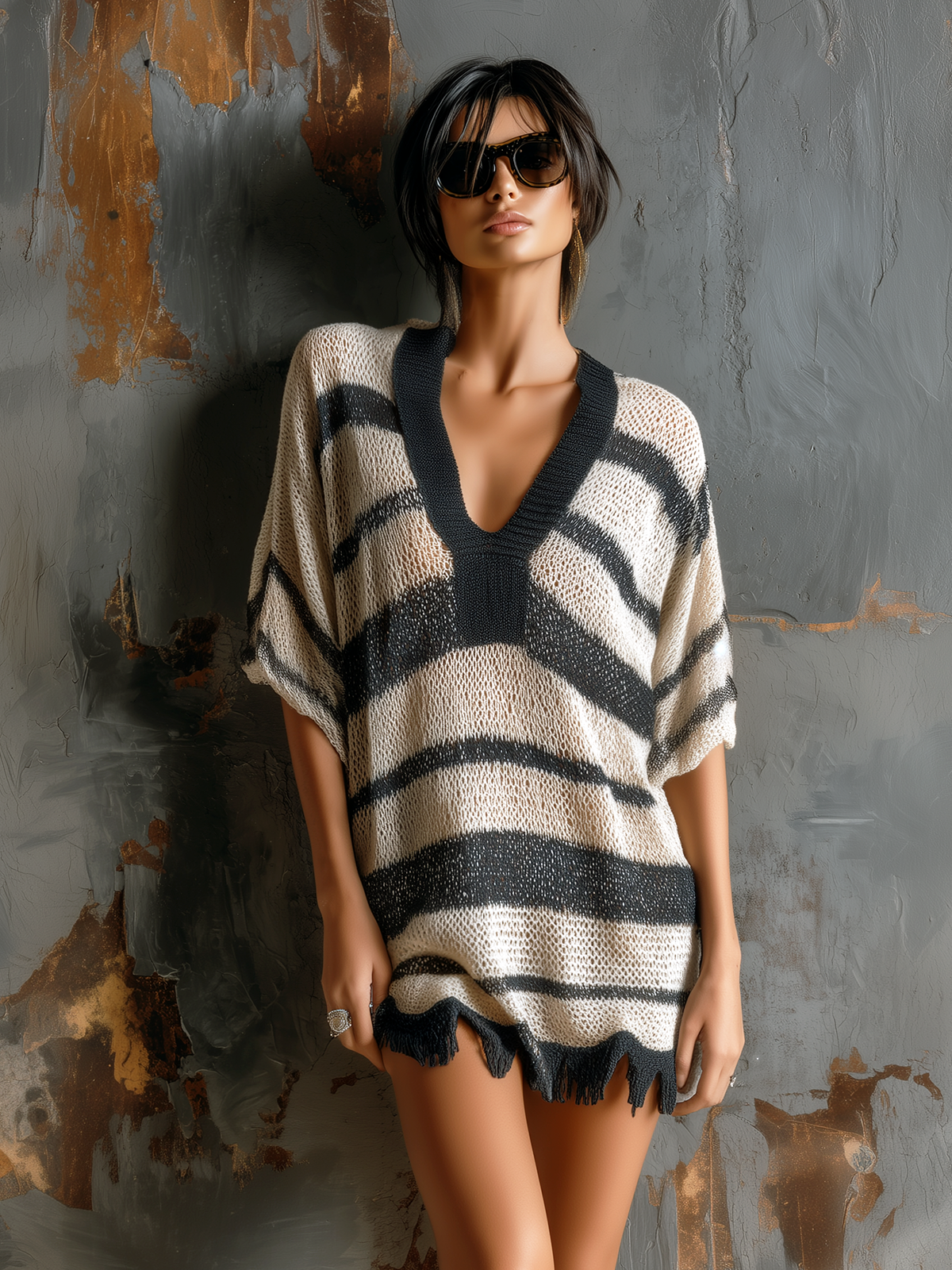 Chic Casual Black-White Stripe Colorblock V-Neck Short-Sleeve Raw Edge Loose-Fit Mesh Knit Mini Dress