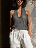 Chic Elegant Black Halter U-Neck Sleeveless Loose-Fit Mesh Knit Tank Top