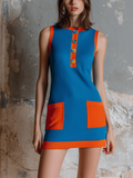 Chic Elegant Royal Blue Henley Neck Contrast Trim Button-Front Patch Pocket Sleeveless Slim-Fit Knit Mini Dress