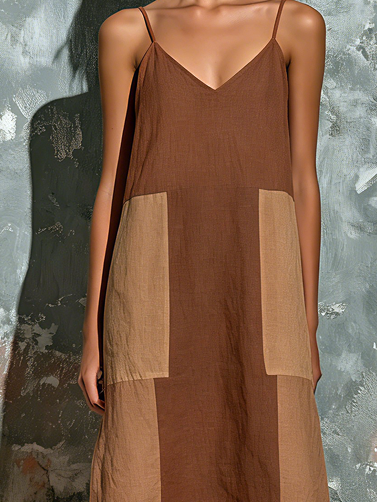 Chic Elegant Brown-Camel Colorblock Spaghetti Straps  V-Neck Sleeveless Loose-Fit Cotton-Linen Blend Midi Dress