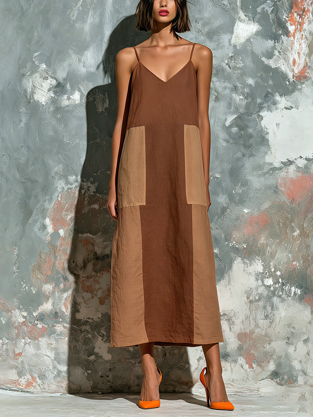 Chic Elegant Brown-Camel Colorblock Spaghetti Straps  V-Neck Sleeveless Loose-Fit Cotton-Linen Blend Midi Dress