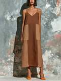 Chic Elegant Brown-Camel Colorblock Spaghetti Straps  V-Neck Sleeveless Loose-Fit Cotton-Linen Blend Midi Dress