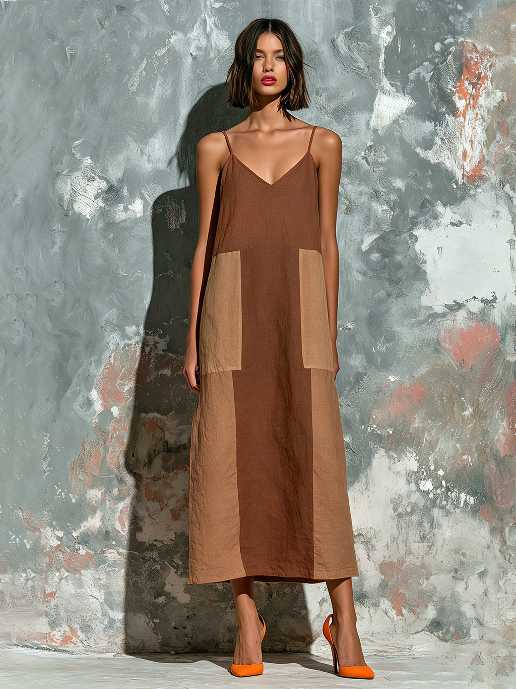 Chic Elegant Brown-Camel Colorblock Spaghetti Straps  V-Neck Sleeveless Loose-Fit Cotton-Linen Blend Midi Dress