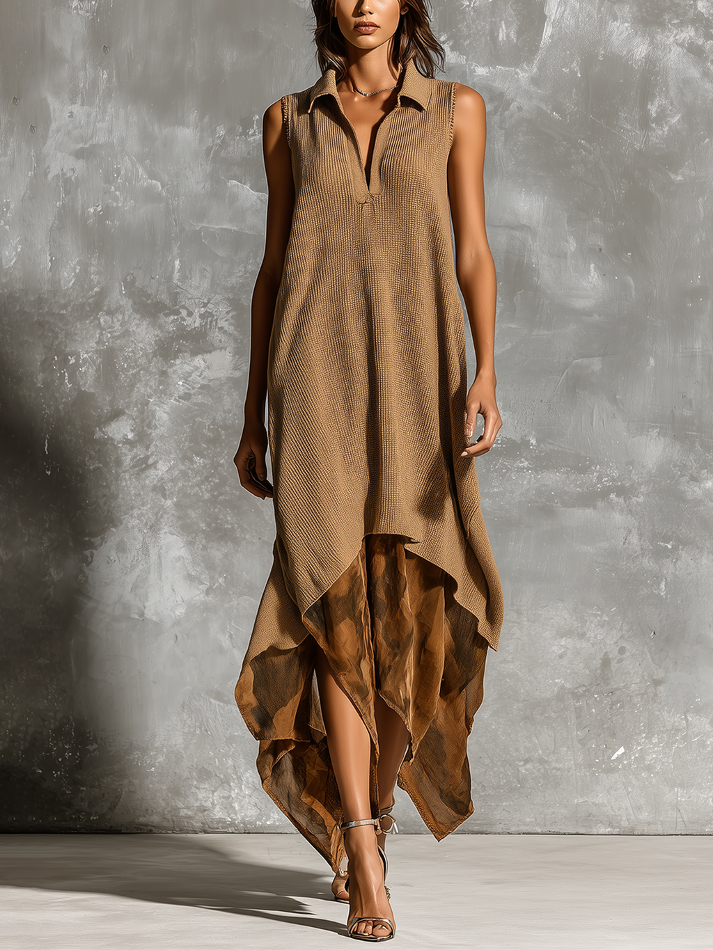 Chic Elegant Camel  Lapel V-Neck Sleeveless Loose-Fit A-Line Asymmetric Print Chiffon Hem Knit Midi Dress