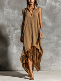 Chic Elegant Camel  Lapel V-Neck Sleeveless Loose-Fit A-Line Asymmetric Print Chiffon Hem Knit Midi Dress