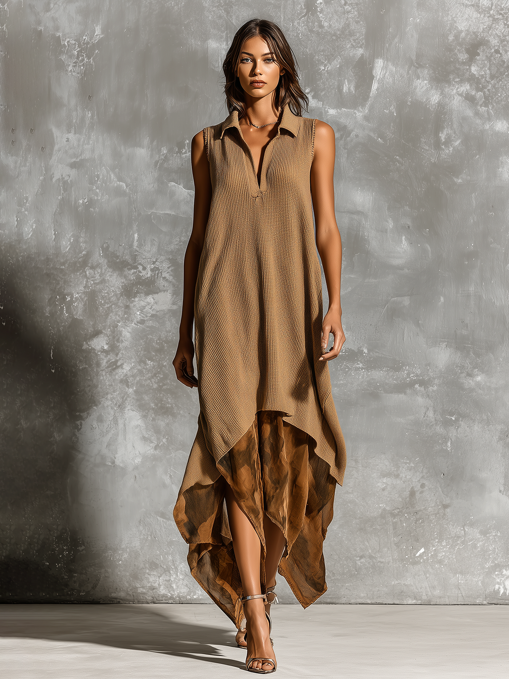 Chic Elegant Camel  Lapel V-Neck Sleeveless Loose-Fit A-Line Asymmetric Print Chiffon Hem Knit Midi Dress