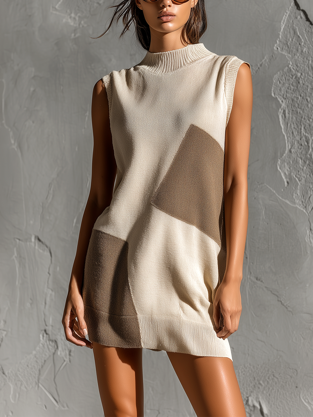 Chic Elegant Off-White-Camel Colorblock Mock Neck Sleeveless Loose-Fit Knit Mini Dress