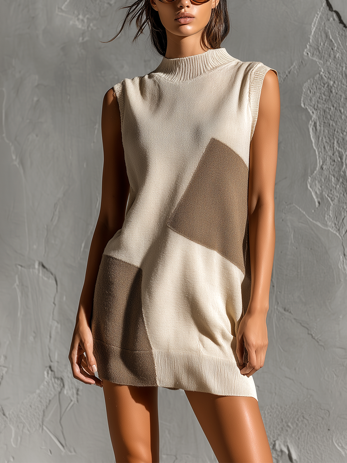 Chic Elegant Off-White-Camel Colorblock Mock Neck Sleeveless Loose-Fit Knit Mini Dress