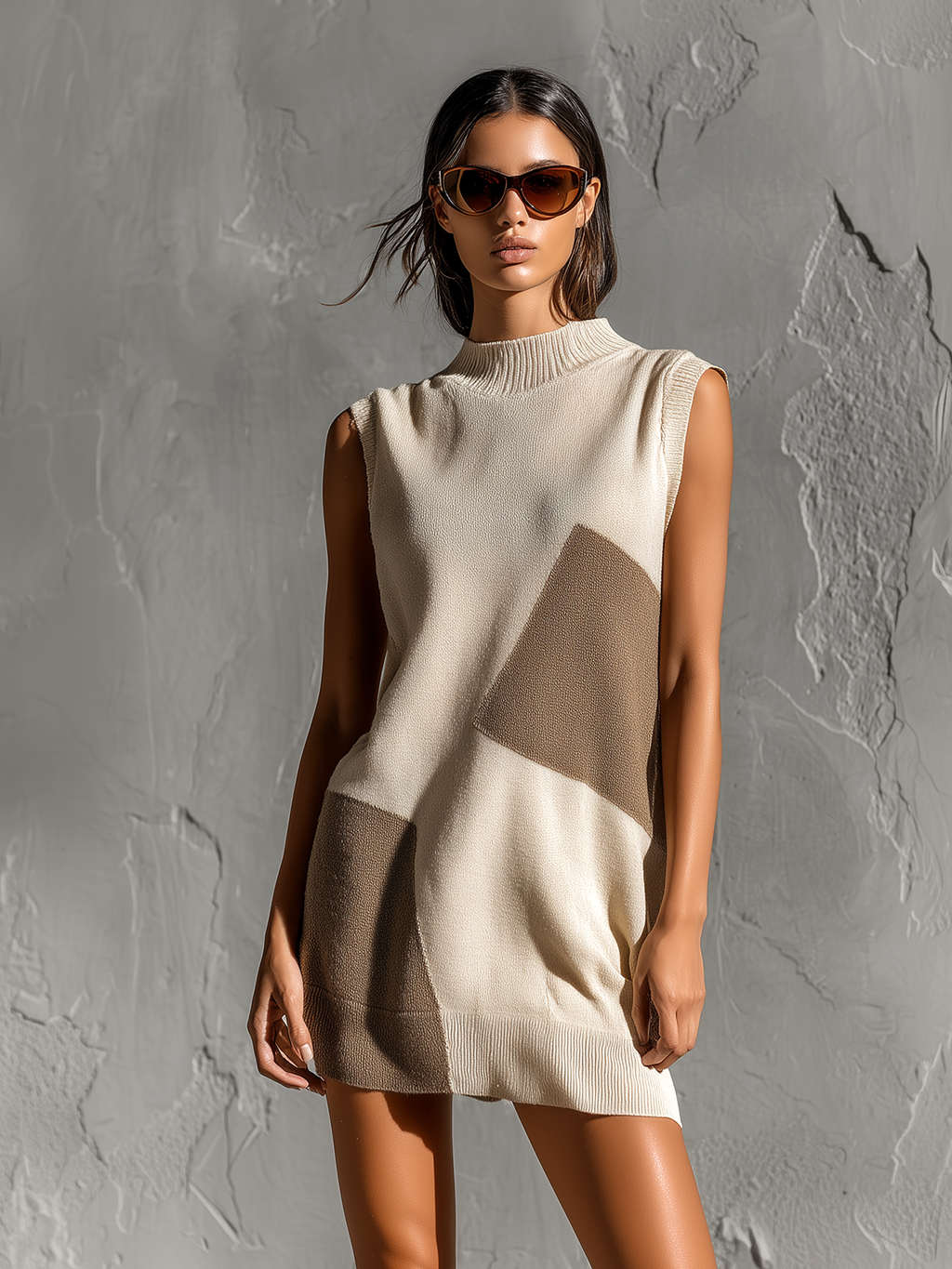 Chic Elegant Off-White-Camel Colorblock Mock Neck Sleeveless Loose-Fit Knit Mini Dress