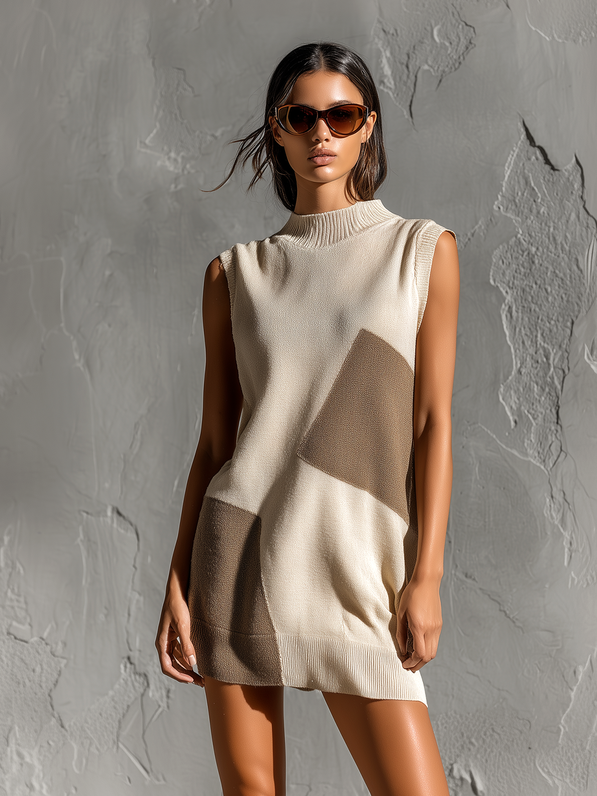 Chic Elegant Off-White-Camel Colorblock Mock Neck Sleeveless Loose-Fit Knit Mini Dress