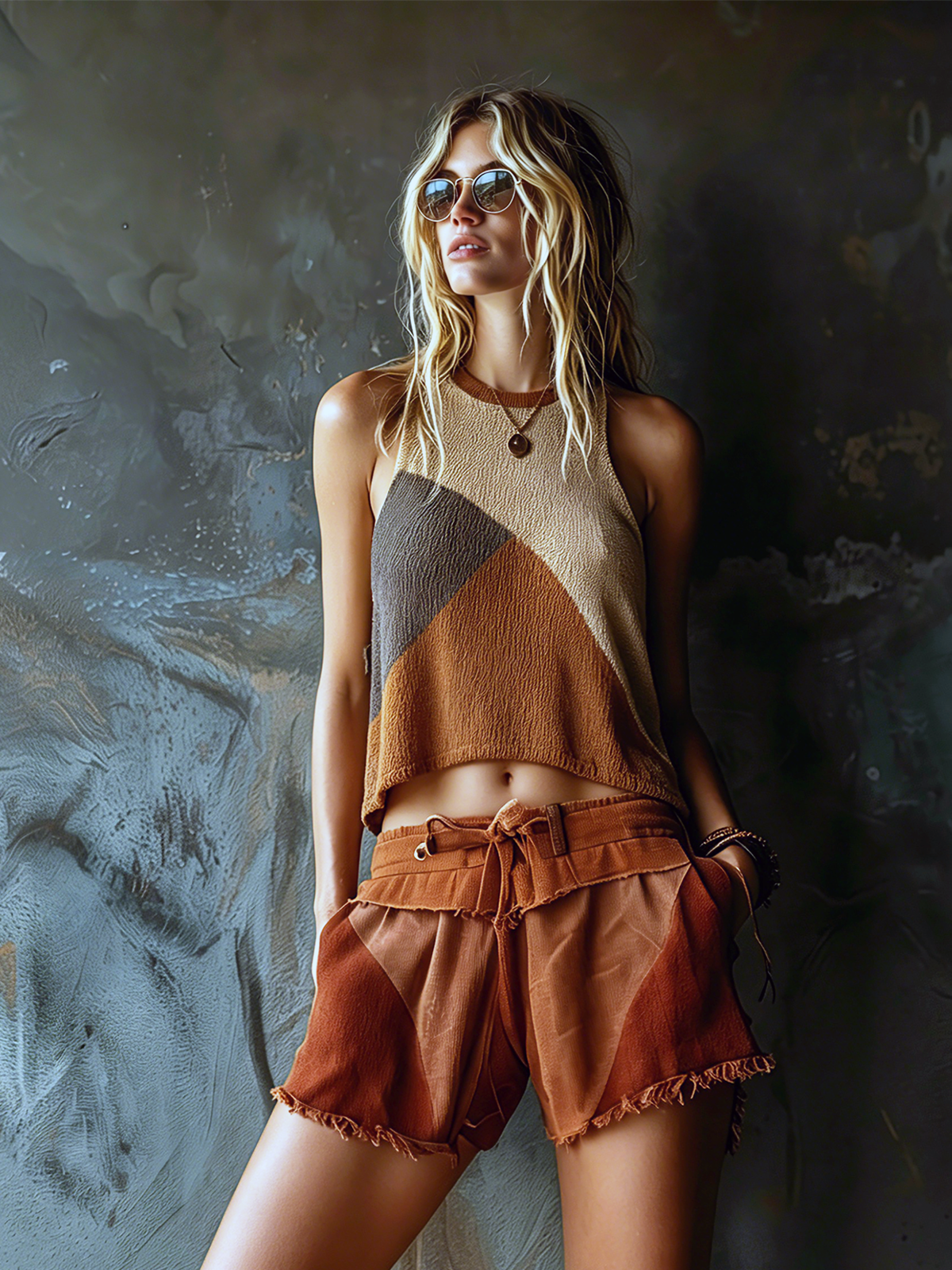 Chic Elegant Beige-Camel Colorblock Round-Neck Sleeveless Loose-Fit A-Line Knit Tank Top