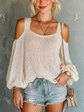 Chic Elegant Beige Square-Neck Cold-Shoulder Long-Lantern-Sleeve Loose-Fit Mesh Knit Sweater
