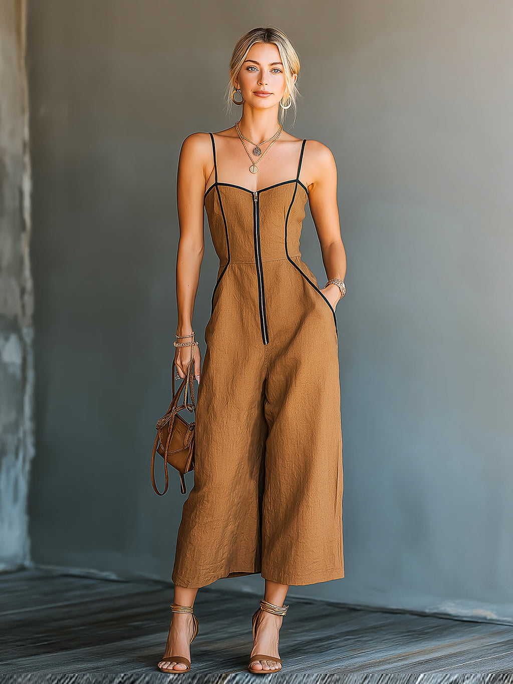 Chic Elegant Caramel Brown Cotton-Linen Blend Spaghetti Straps Zipper-Up Square-Neck Sleeveless Wide-Leg Jumpsuit