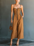 Chic Elegant Caramel Brown Cotton-Linen Blend Spaghetti Straps Zipper-Up Square-Neck Sleeveless Wide-Leg Jumpsuit