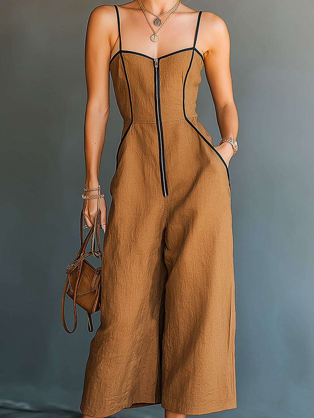 Chic Elegant Caramel Brown Cotton-Linen Blend Spaghetti Straps Zipper-Up Square-Neck Sleeveless Wide-Leg Jumpsuit