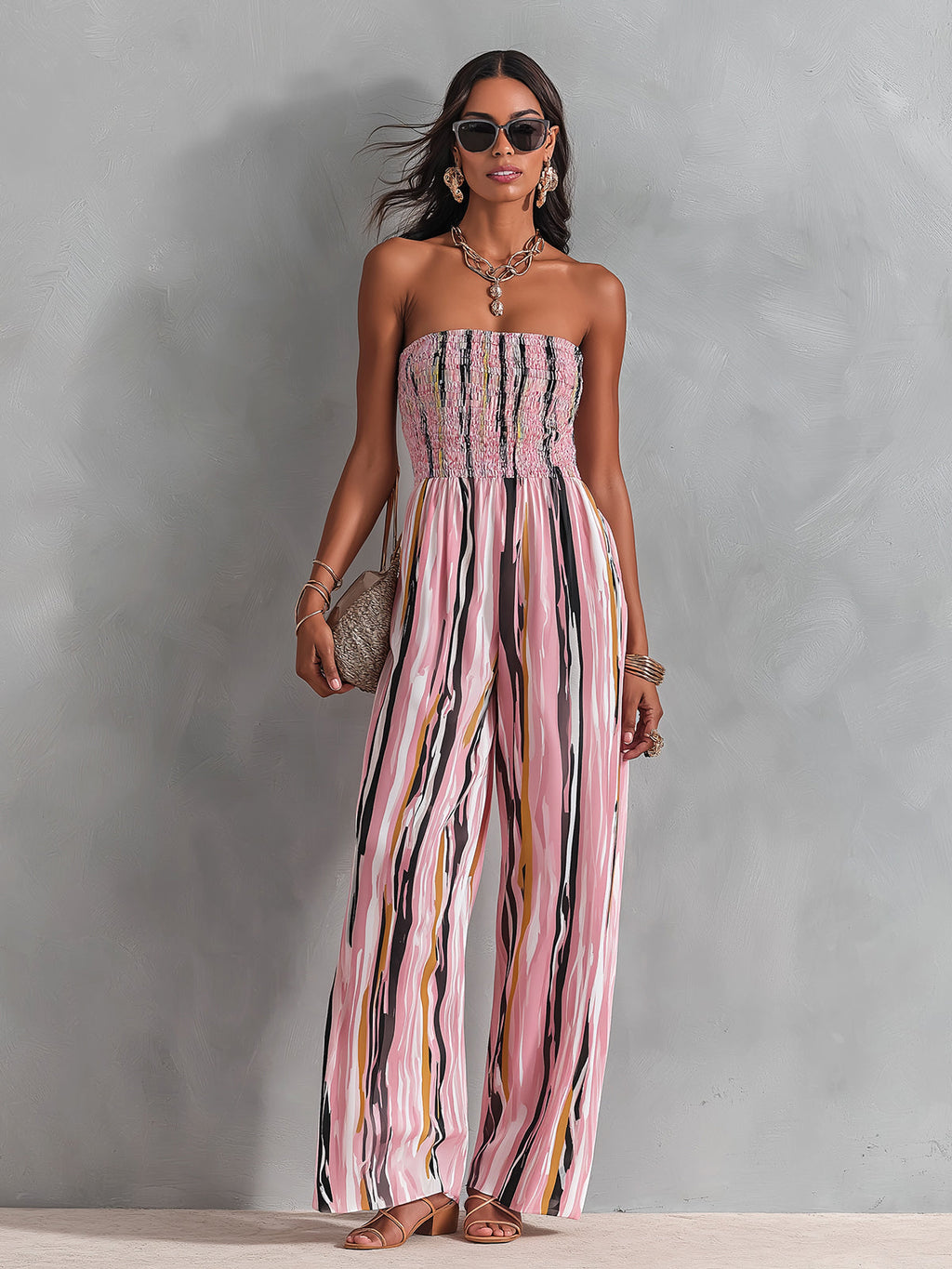 Chic Elegant Pink Stripes Chiffon Shirring Detail Strapless Square-Neck Sleeveless Straight-Leg Jumpsuit
